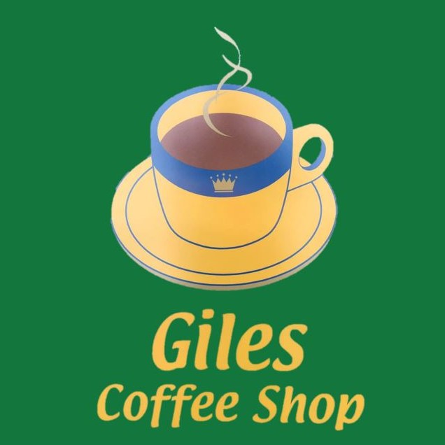Giles Coffee Shop Logo - a Yellow cup of tea, or coffee, on a green background
